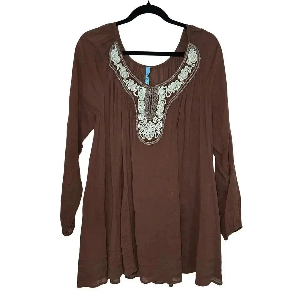 Free People Women’s Tunic Top Cover up Brown with Turquoise Embroidery Size M